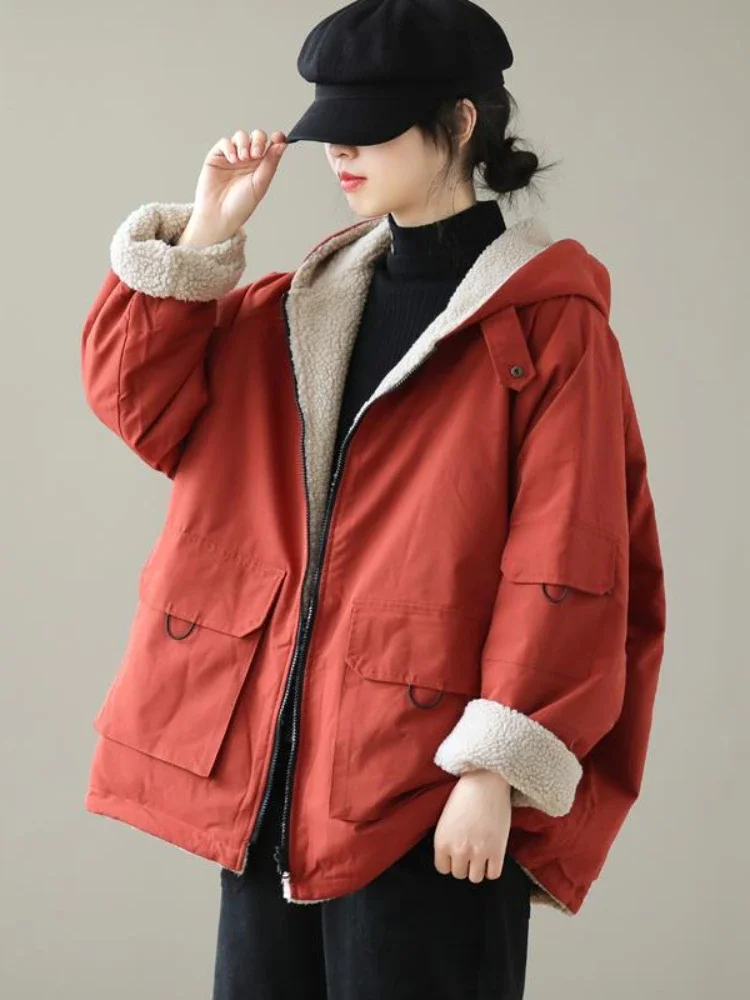 

Winter Coat Women 2023 New Hooded Zip-up Long Sleeve Tops Coat Fashion Vintage Solid Parka Loose Casual Spliced Women's Jacket