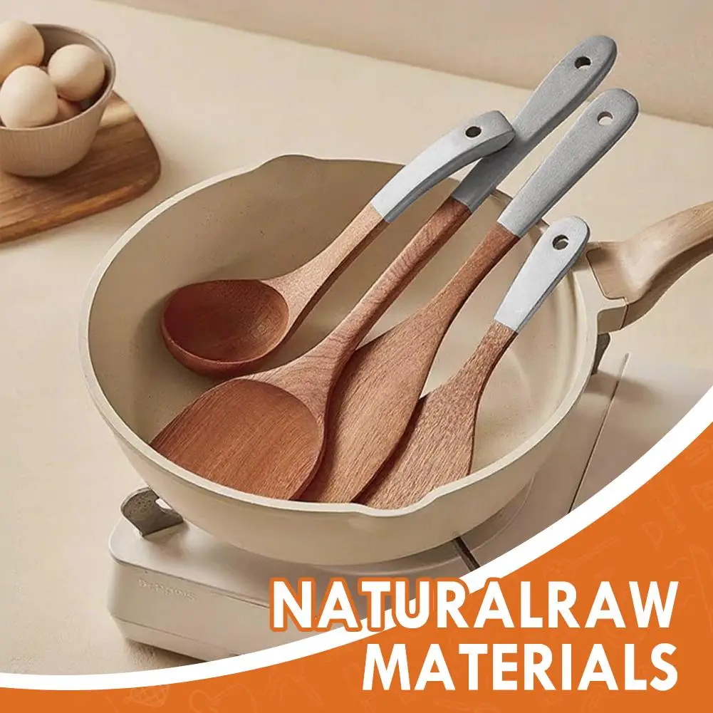 4PCS wooden Cooking Spoons Natural Wooden Kitchen Tableware Tool Large spatula/large spoon/oblique frying spatula/rice scoop