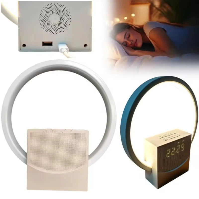 원형 링 야간 조명 디지털 알람 시계 나무 무늬 탁상 램프 USB 충전 무드등 침실 데스크탑 장식 생일 선물