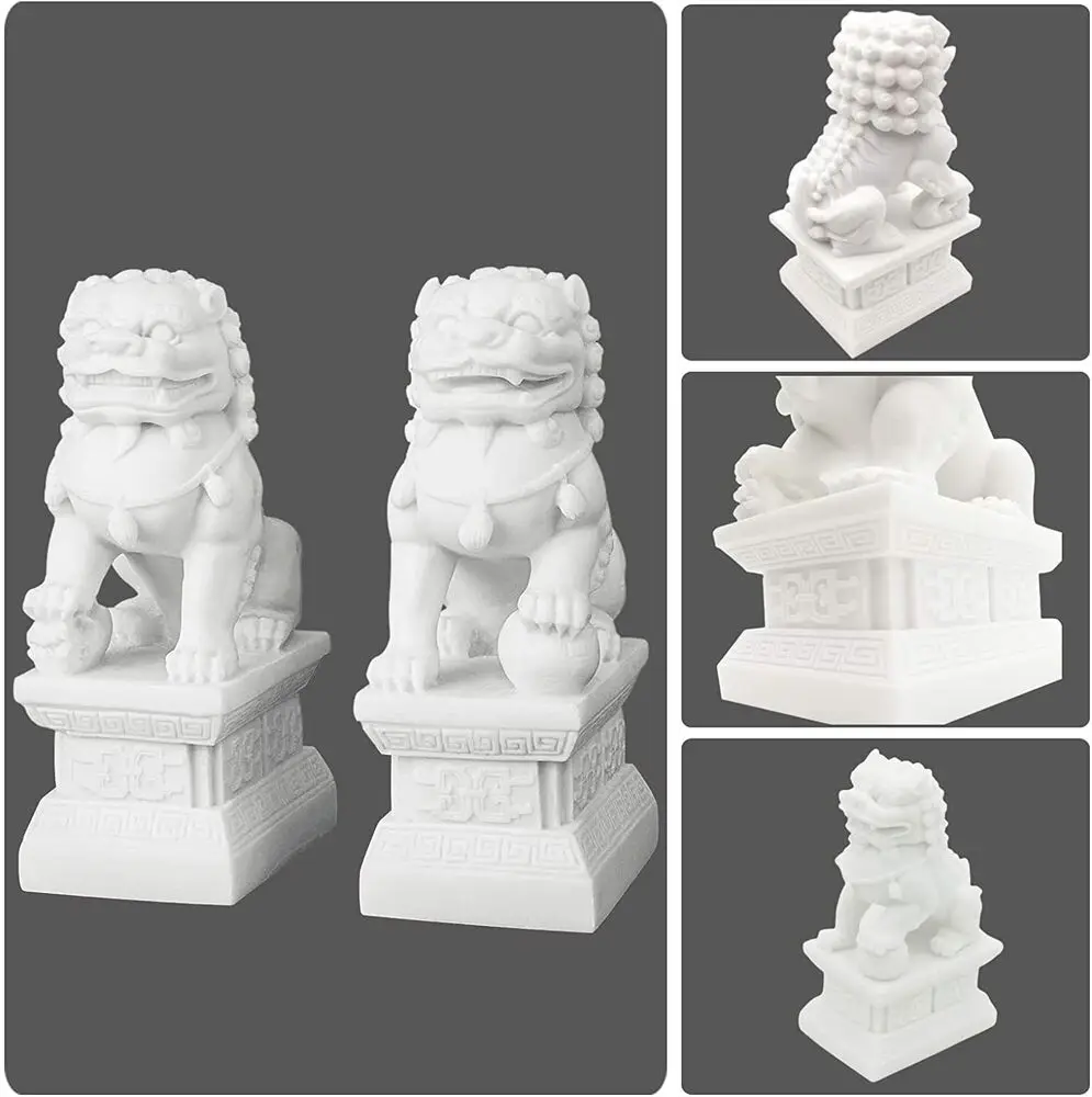 Pair of Peking Fu Foo Dogs Statues White Marble Jade Feng Shui Decor 11Cm/4.3In 4
