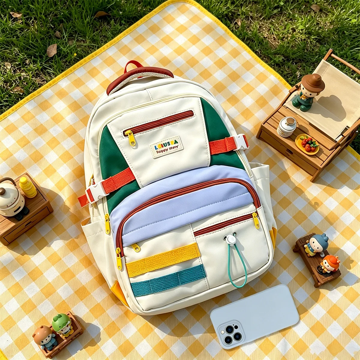 Dopamine Color Block Backpack Large Capacity Lightweight School Bag Cute Plush Pendant Adjustable Strap for Daily Campus Use 3