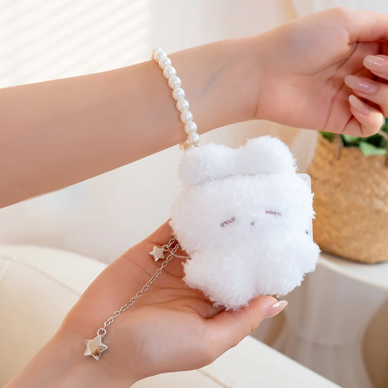 Adorable Fluffy Bunny Plush Keychain with Pearl Chain Decor