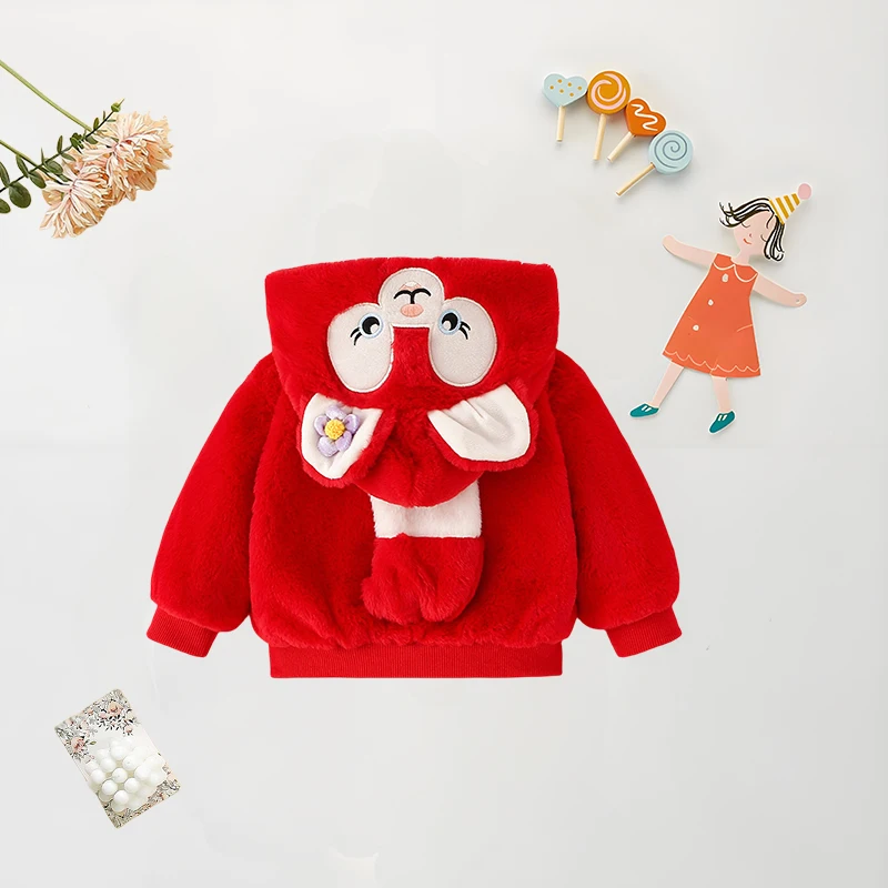 Baby Girl Coat Jacket Baby Girl Solid Color Fur Zipper Cartoon Hooded Jacket Cute Thick Winter Clothing Autumn Clothing