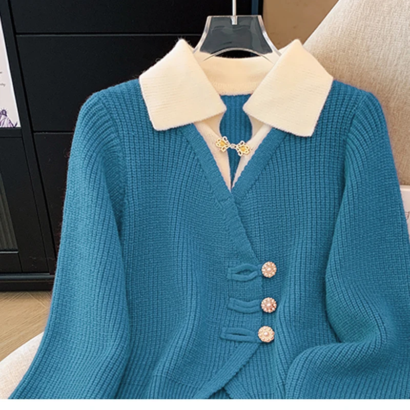 New 2025 Autumn Winter Design Splicing Slim Women Knitted Cardigan Sweater Jacket Fashion Fake Two Items Loose Ladies Top 6