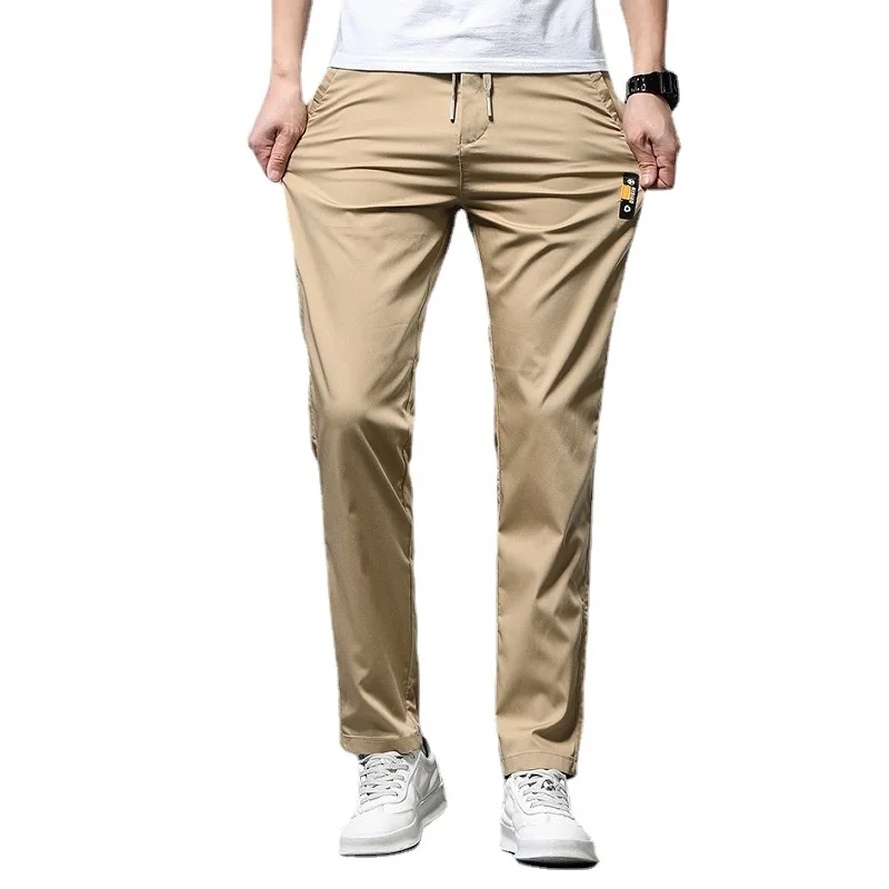 Summer Lightweight Casual Pants Men Gray Ice Silk Straight Elastic Waist Trousers