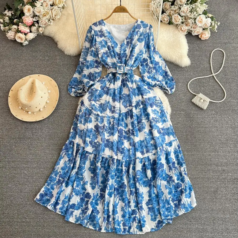 

New Autumn Women Elegant Casual Floral Dresses Vintage Chic A-Line Party Maxi Boho Robe with Belted Female Vestidos Mujers