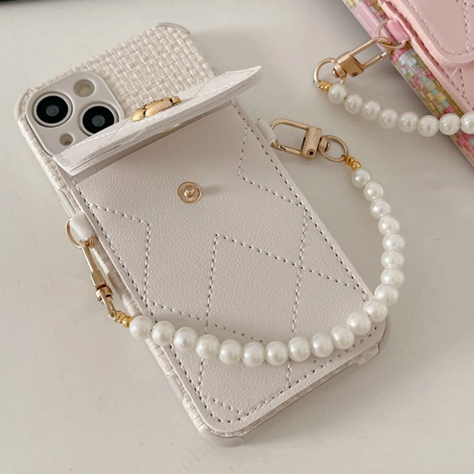 Camellia Brieftasche Halter Duftenden Wind Weben Muster Perle Kette Riemen Telefon Fall Für iPhone 16 15 14 13 12 11 Pro Max XS XR Geschenk_voghion.com