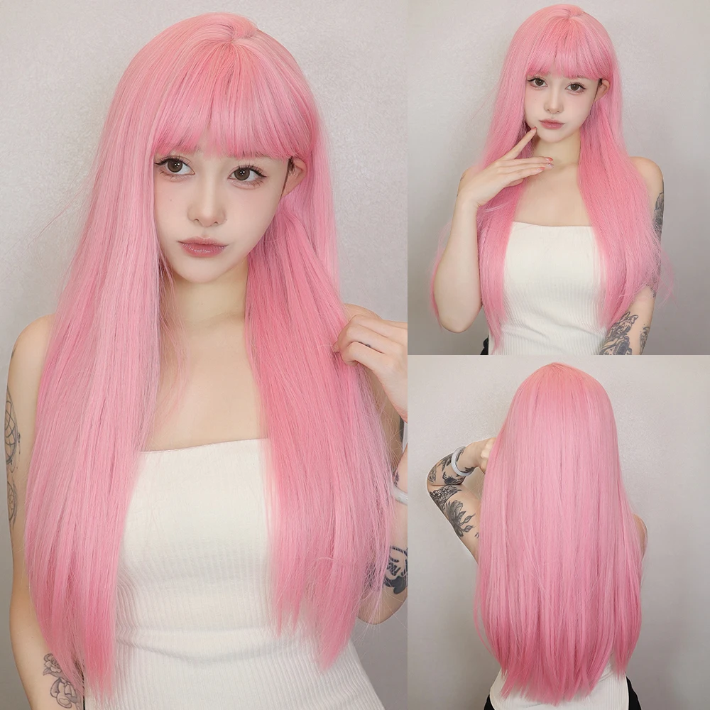 

Женский синтетический парик "Лолита" розового цвета с челкой, длинный шелковистый прямой парик розового цвета, корейский термостойкий натуральный волос