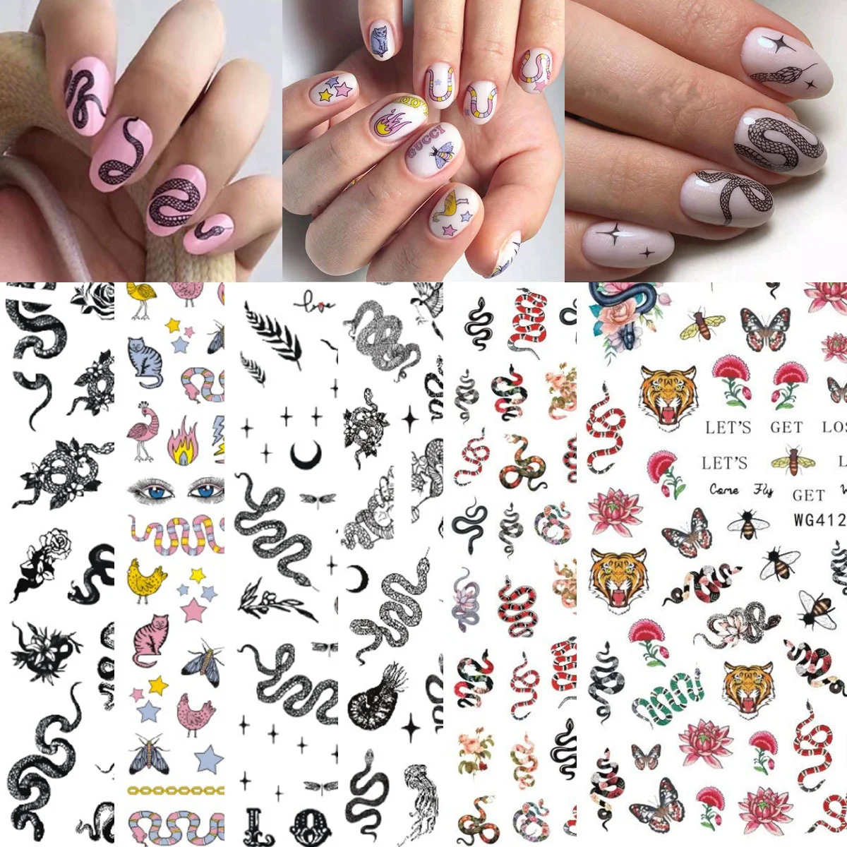 1pcs 3D Fashion Punk Snake Nail Art Stickers Halloween Colorful Snake Self Adhesive Transfer Nail Decorations Slider Decals DIY nail stickers nail art decoration nail decals