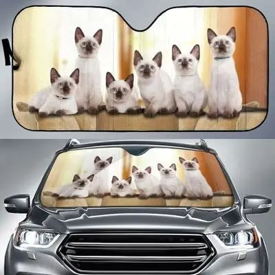

Siamese cat family sitting on sofa image print car sunshade realistic siamese cat windshield visor for UV sun protection