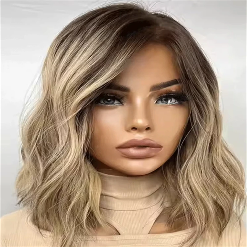 Synthetic Wig Natural Brown Rooted Honey Dirty Blonde Wig For Women Short Bob Lace Front Wigs Synthetic 13x4 Thick Density Wig on Net Topsale
