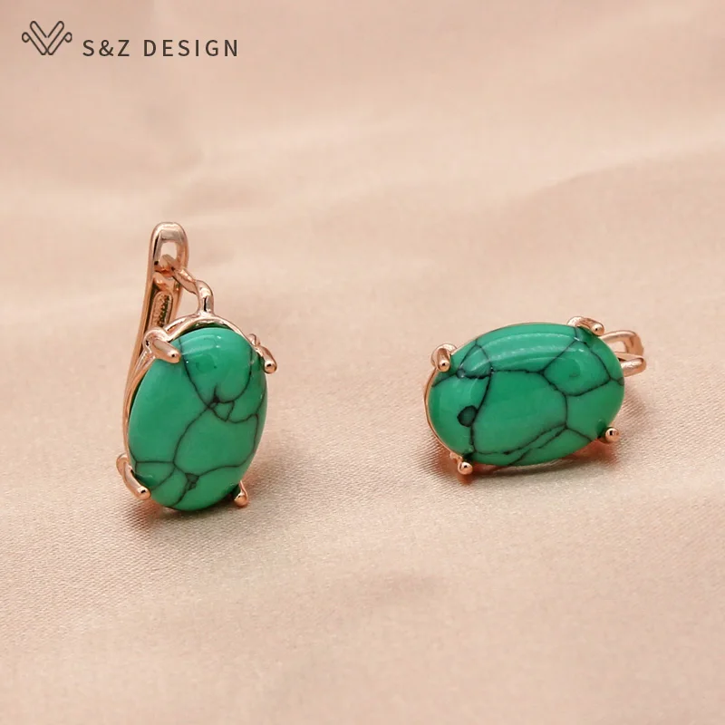 S&Z DESIGN New Vintage Oval Egg Shape Synthetic Turquoises Dangle Earrings For Women Wedding 585 Rose Gold Color Eardrop Gift