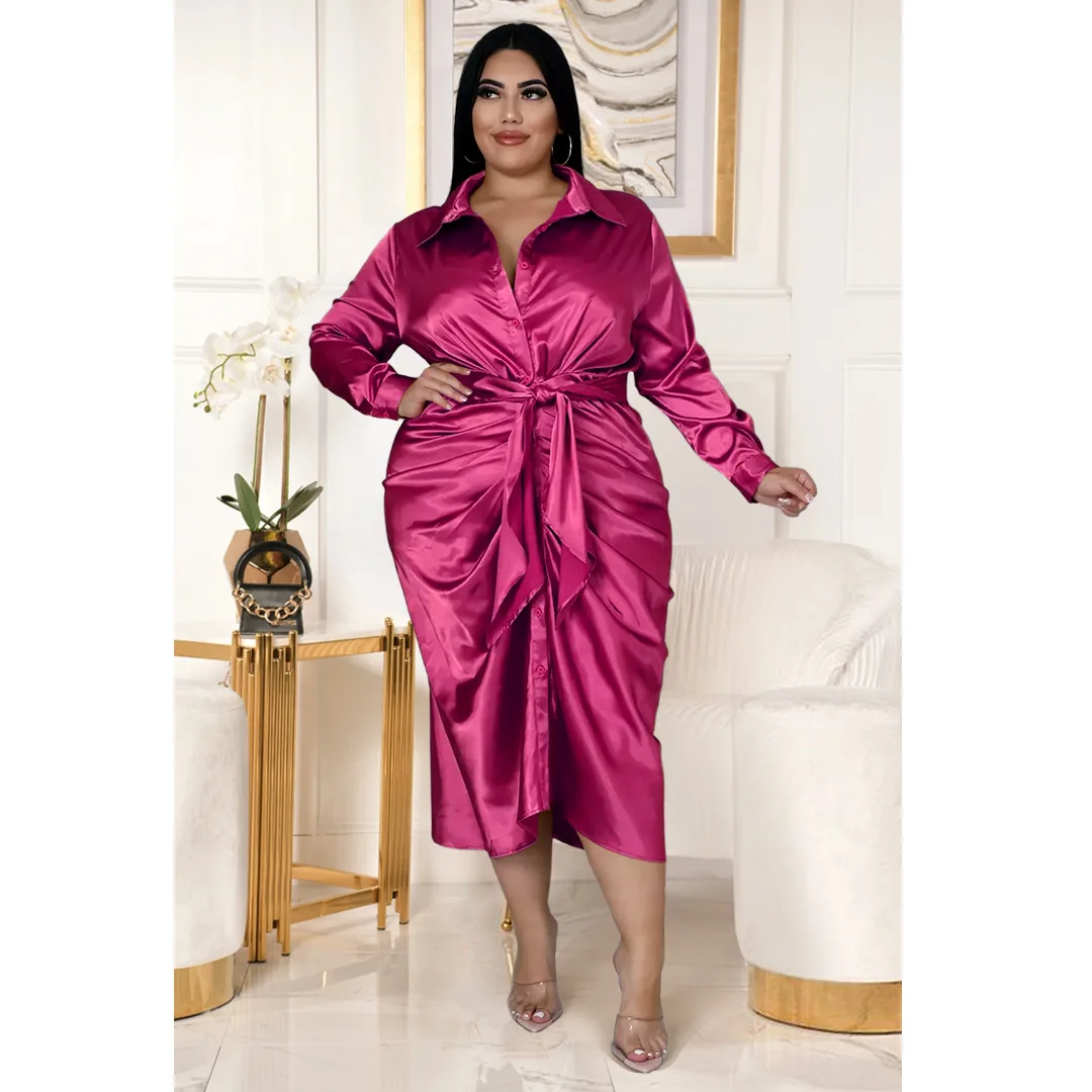 

Felyn 2023 Best Quality Fashion Design Sating Shirt Dress Solid Belt Turn-down Collar Long Sleeve Fat Wear Midi Dress