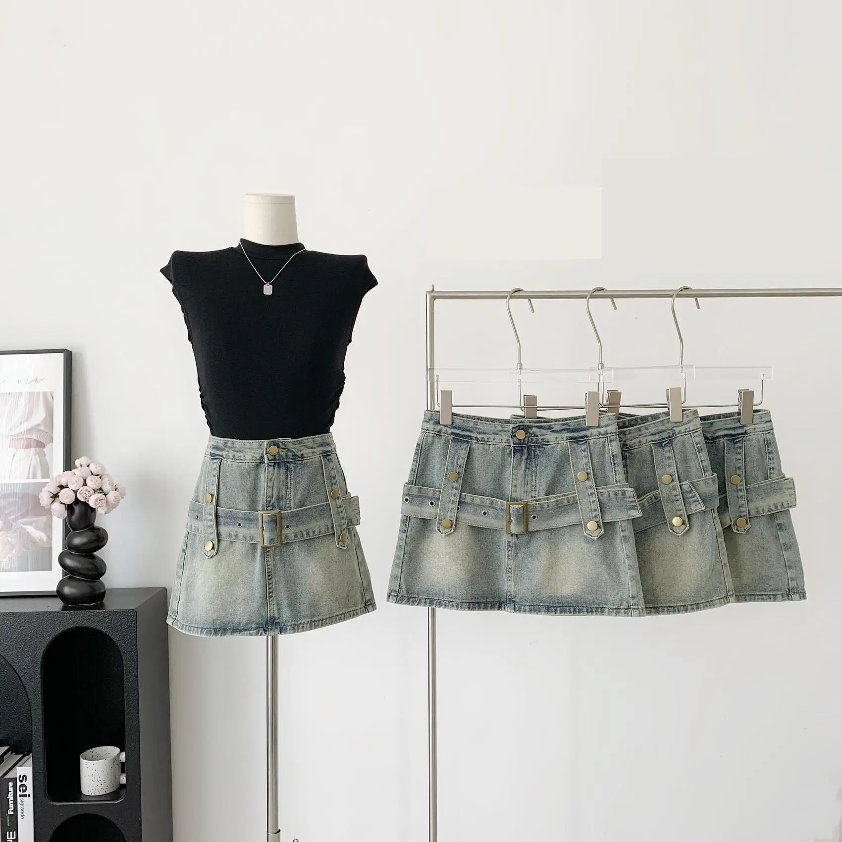 

Women's Chic Streetwear High Waist A Line Mini Denim Skirt Lady Summer Streetwear Vimtage Blue Short Denim Skirt
