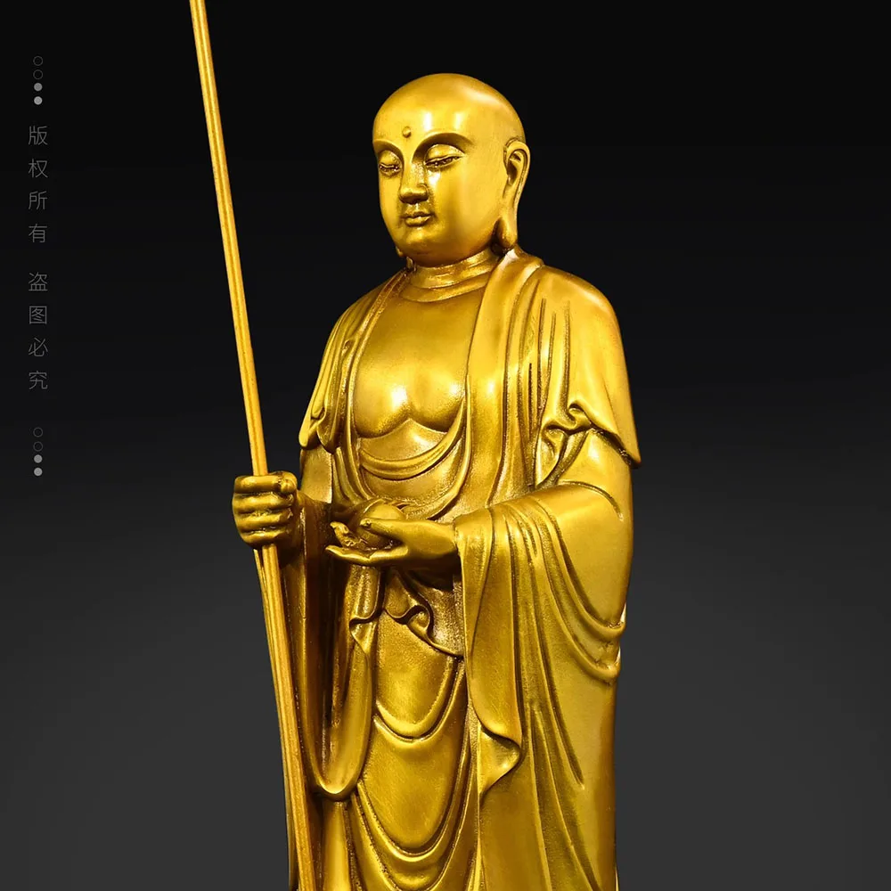 Solid Brass Ksitigarbha Bodhisattva Statue (Dizang Wang) - Handmade Buddhist Altar Figurine for Home Shrine Worship, Meditation