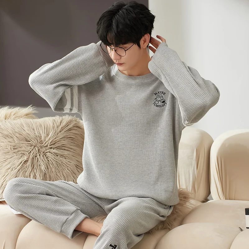 Mens Pajamas Solid Color Casual Soft Sleepwear Cartoon Breath Pajama Sets Sleep&Lounge Pyjamas Spring Autumn Comfort Homewear