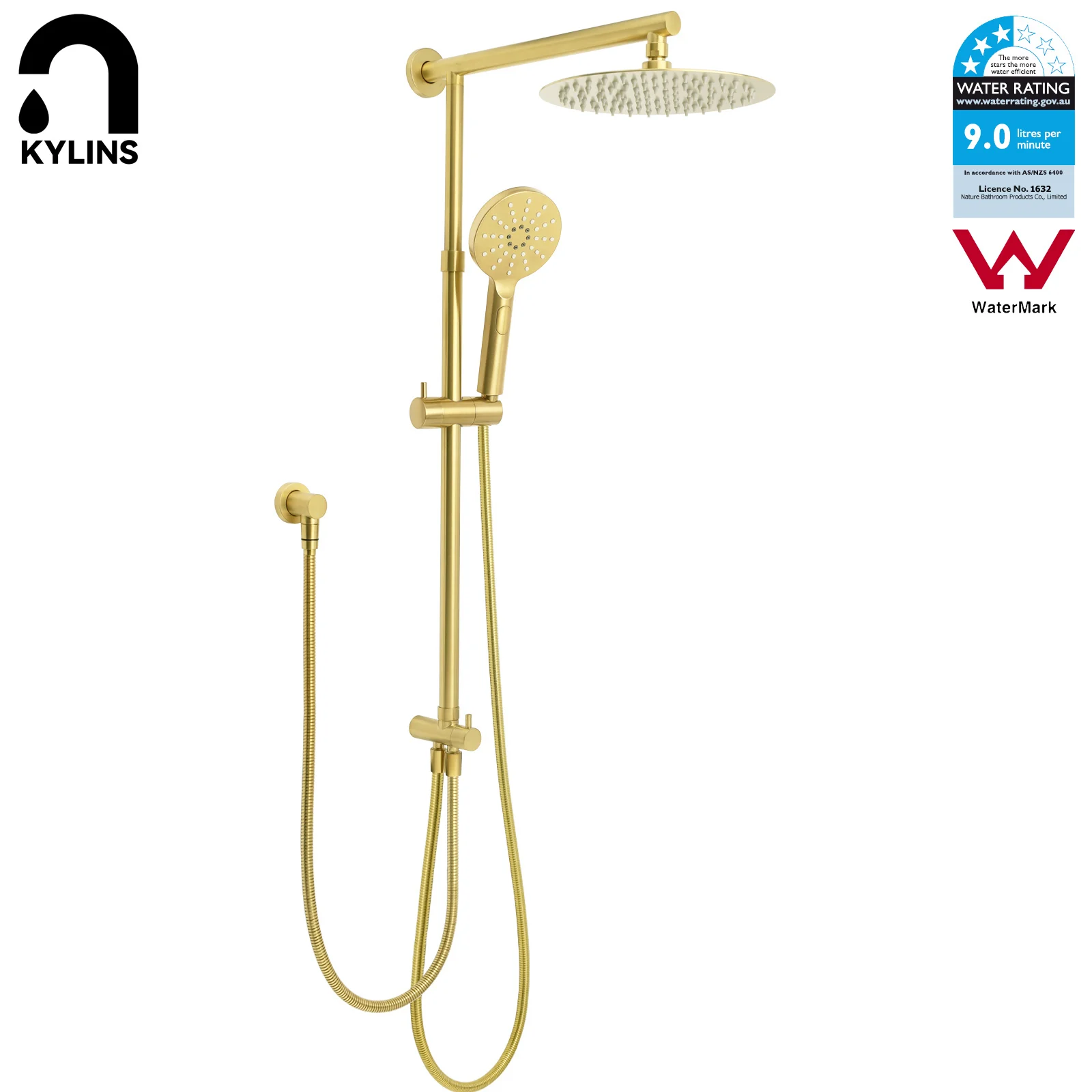 **Sydney Stock** KYLINS Round 8/10/12'' Rain Shower Head Set Twin Head On Sliding Rail Wall Arm Brushed Gold DIY WELS WATERMARK