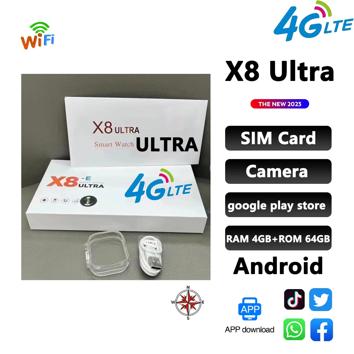 

NEW X8 Ultra RAM 4GB ROM 64GB 2.02" Android Smart Watch Men 4G Call GPS Compass Wifi Heartrate Test Sport Sim Card PK DW89 Ultra