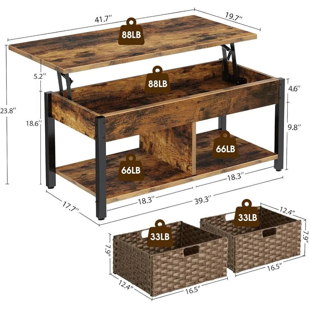 Hidden Storage Compartment and 2 Rattan Baskets, 41.7" Retro Central Table, Rustic Brown, Café Tables 3