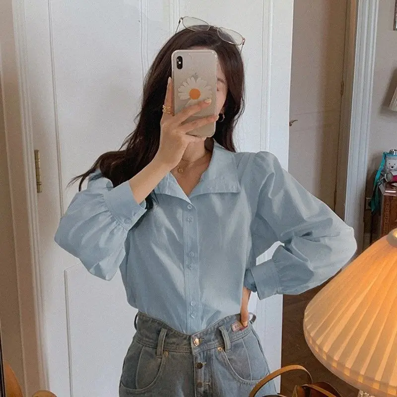 

Blouse Women 2024 Fashion Women Shirt Loose Polo-neck Chiffon Womens Tops Solid Shirts Long Sleeve Blouses Shirt Female F242