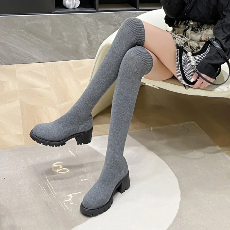 Lucyever Autumn Winter Women's Over The Knee Sock Boots Stretch Knitted Thick Heels Long Boots Woman Slip On Platform Shoes
