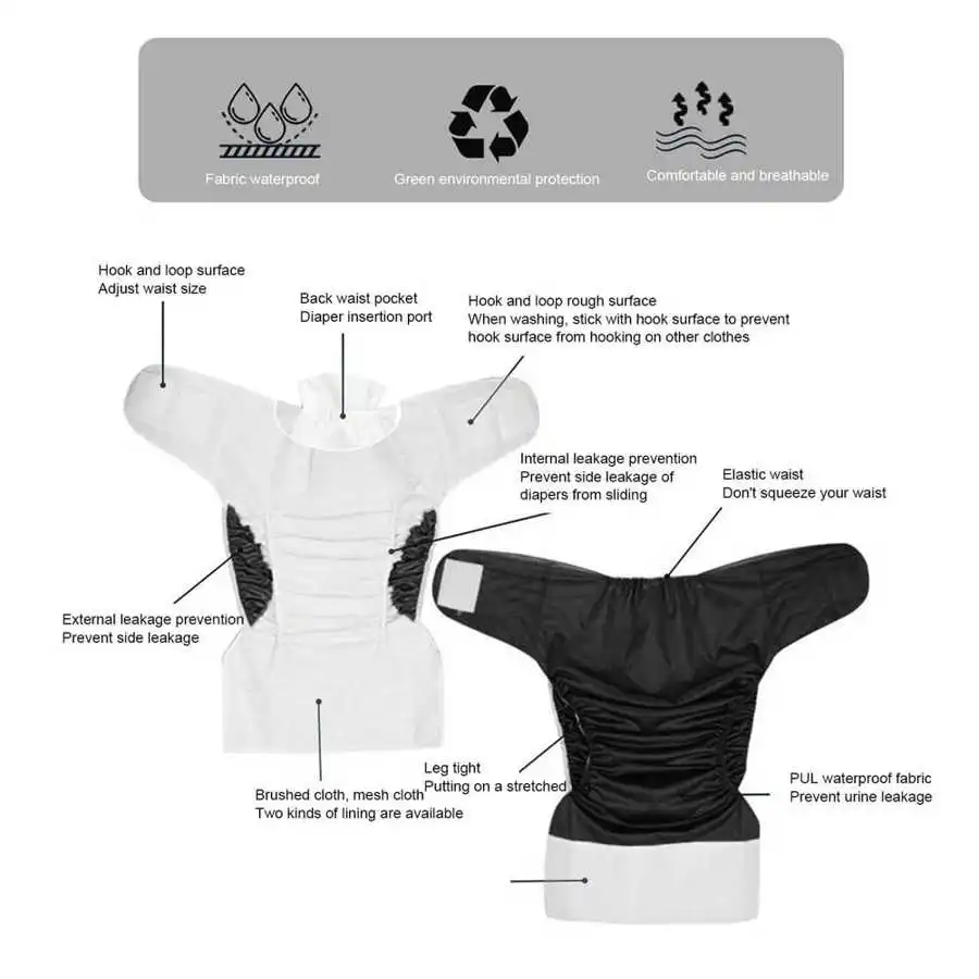 Washable Adult Cloth Diaper Nappy Waterproof Reusable Breathable Incontinence Nappies Underwear Pant for Men Women Elderly 2