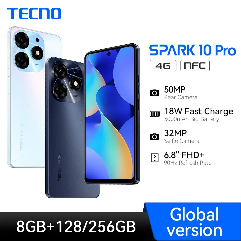   TECNO 글로벌 버전 스마트폰, SpARK 10 PRO, 4G NFC, 안드로이드 13, 6.8 인치 FHD + 90Hz 디스플레이, 50MP 스마트 휴대폰, 18W 휴대폰 