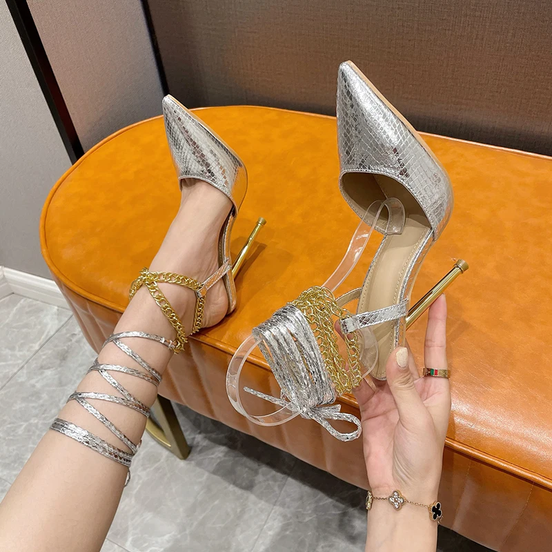 

Stiletto High Heels Fashion Women's Sandals Summer Silver Metal Lock Chain Ankle Straps Pointed Toe Sequin Cloth Sexy Woman Shoe