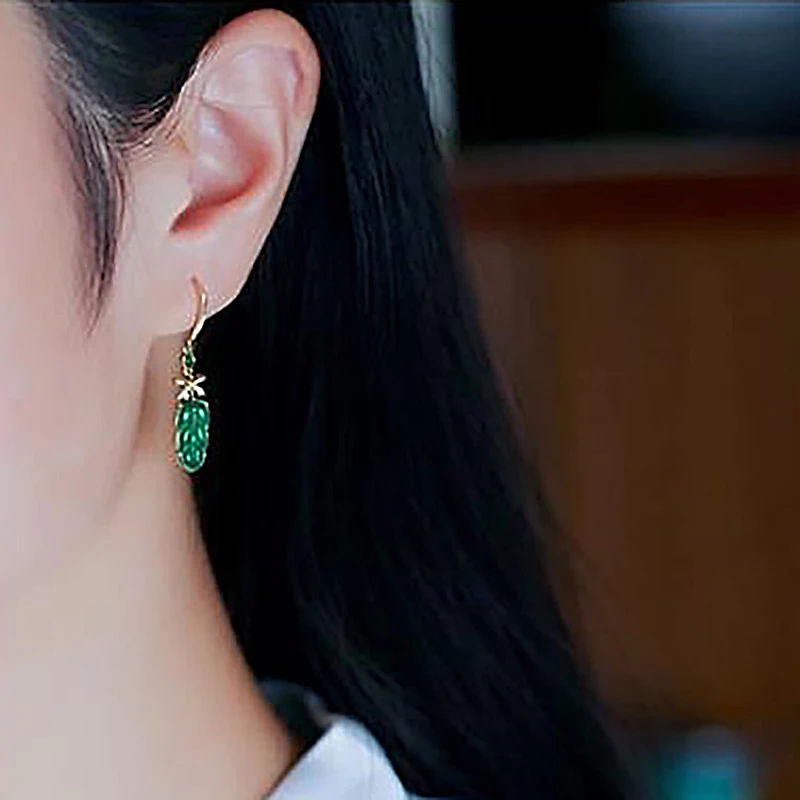 New S925 Silver Green Jade Chalcedony Leaf Earrings