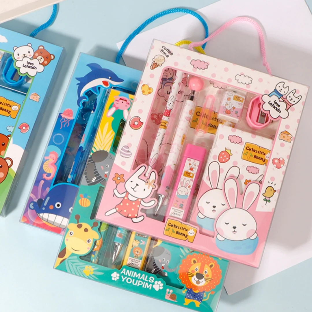 8-In-1 Pink Bunny Stationery Gift Box Including Pencil Ruler Eraser Notepad Boys Girls School Supplies Teacher Classroom Reward