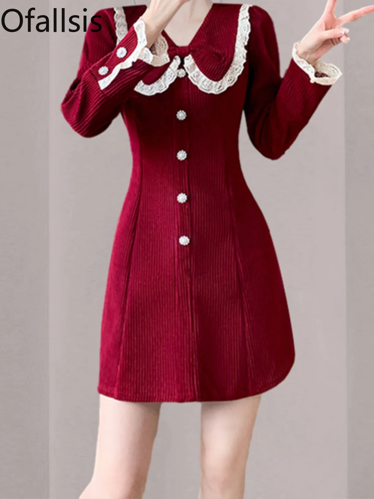 

Женское вельветовое платье с вырезом-куклой Ofallsis, новинка сезона осень-зима 2023, модные облегающие платья во французском стиле с кружевом и вышивкой на талии