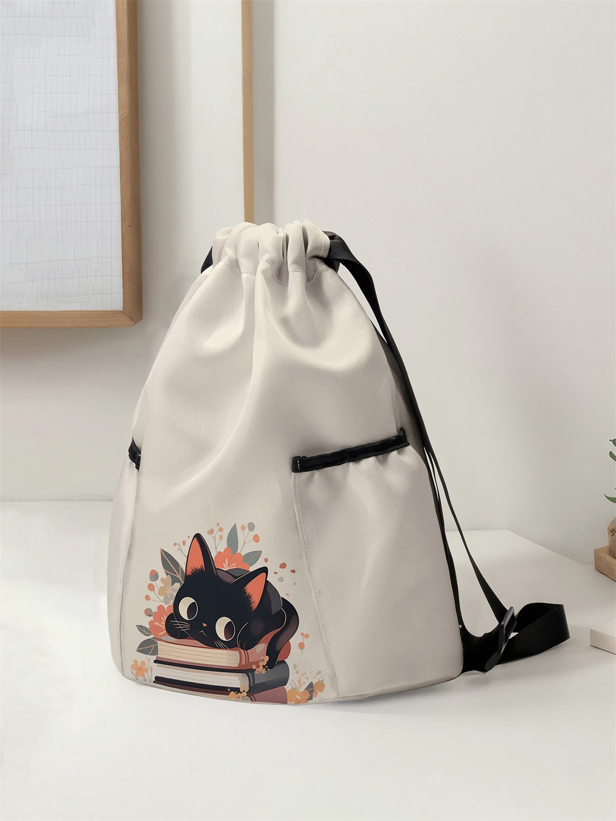 Cute Cat Pattern Printed Drawstring Backpack - Large Capacity Durable Fitness Bag, Sports Beach Backpack