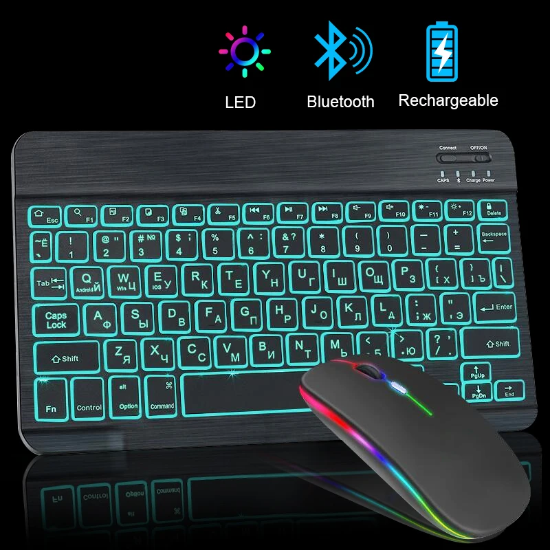 Rgb Bluetooth Teclado e Mouse Recarregável sem Fio Russo Spainsh Coreano Retroiluminado para Ipad Android Ios Windows Tablet Portátil