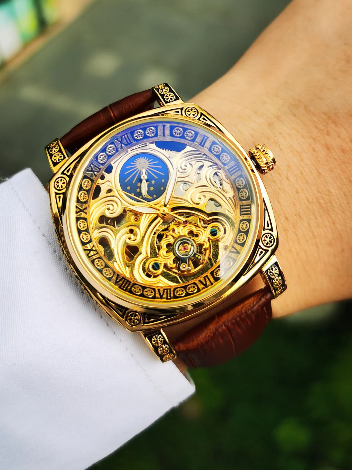 Vintage Square Tourbillon Mechanical Watches Luminous Hands Leather Strap Business Skeleton Automatic Mens Watch_voghion.com