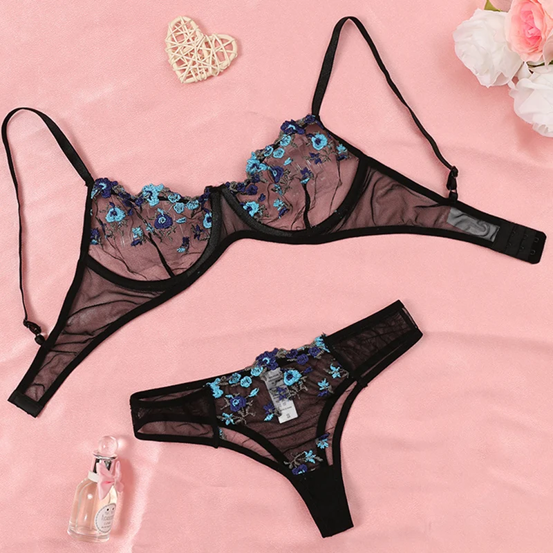 White and Red Embroidered Floral Sheer Lingerie Set