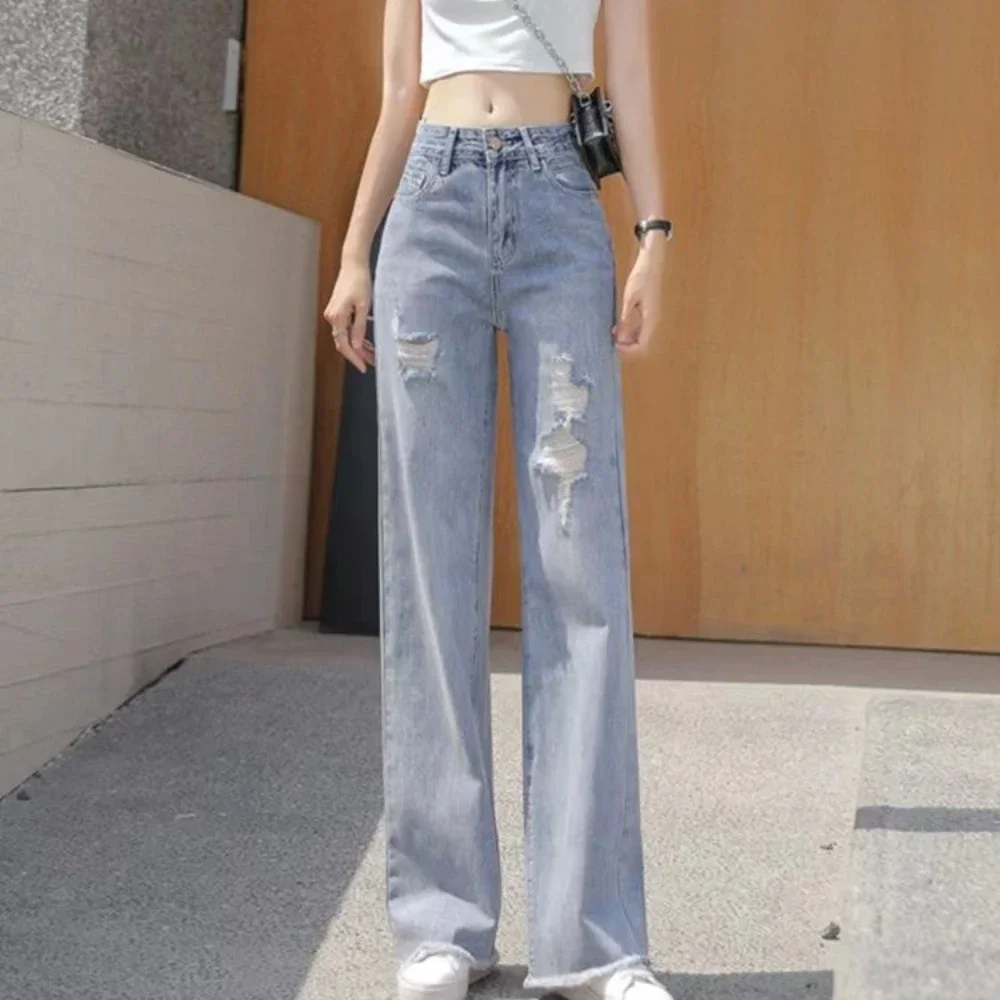 Pants for Woman with Holes Blue Women\'s Jeans Torn Ripped High Waist Shot Trousers Straight Leg Pockets Stretch Pant Hippie Emo
