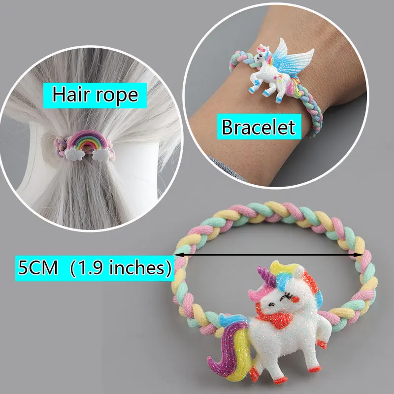 【 5 PCS/Card 】Unicorn Rainbow Hair Loop Headband Set Cartoon Hair Accessories Children's Rubber Band Headband Bracelet Dual Use