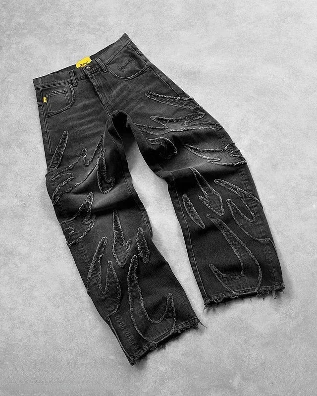 90s Streetwear Retro Hip Op Flame Embroidery Loose High Waisted Men Jeans Female Y2K New Harajuku Gothic Wide Leg Pants 2