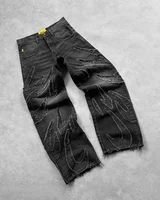 90s Streetwear Retro Hip Op Flame Embroidery Loose High Waisted Men Jeans Female Y2K New Harajuku Gothic Wide Leg Pants 2