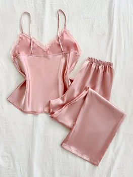 طقم بيجامات نسائي مكون من قطعتين بخياطة من الدانتيل وبسيط على الموضة 2