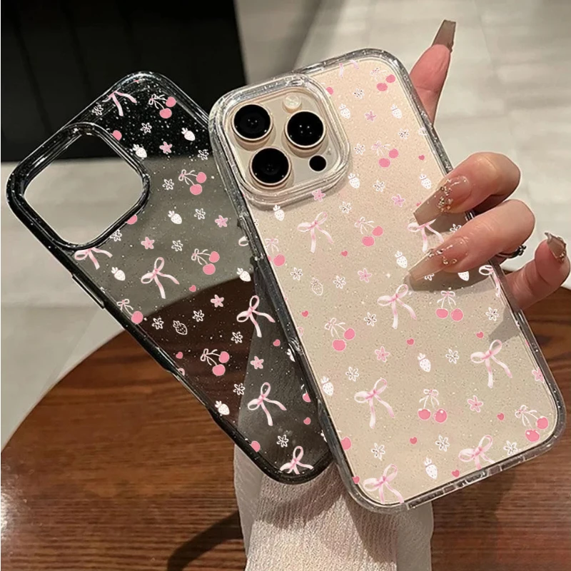 Cartoon Pink Cherry Glitter Clear Phone Case with Small Bow Design