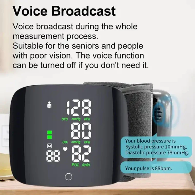 Wrist sphygmomanometer digital voice rechargeable automatic sphygmomanometer medical heart rate and blood pressure monitor