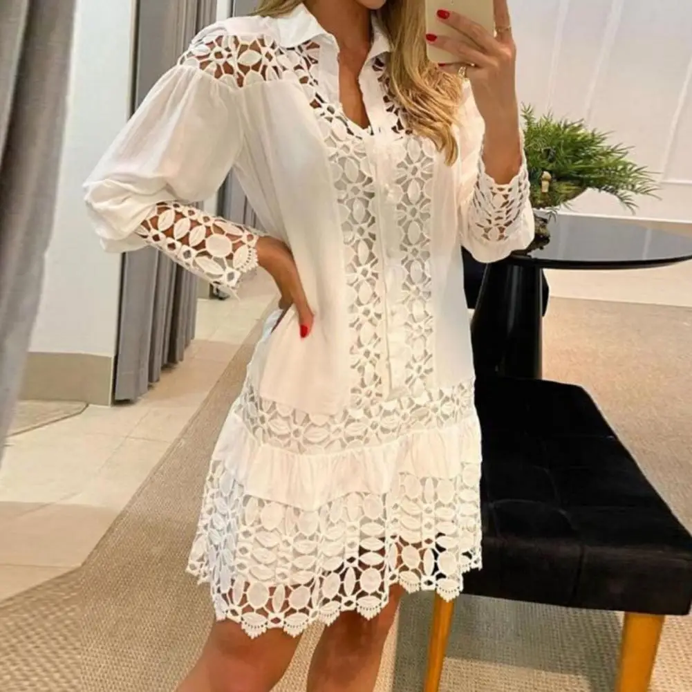 

2022 Women Dress Turn-down Collar Long Sleeve Single-breasted Pullover Hollow Out Floral Shape Shirt Short Dress Female Clothing