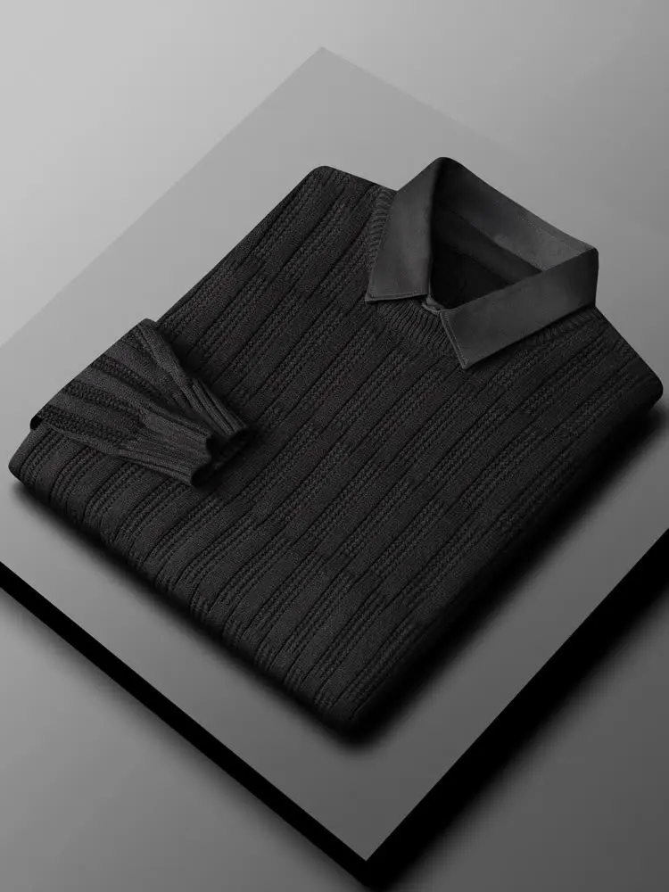 

New Fashion Men's Turn-down Collar Knitted Pullovers Long Sleeve Outwear Breathable Formal Sweater Shirts Fake Two Tops B176