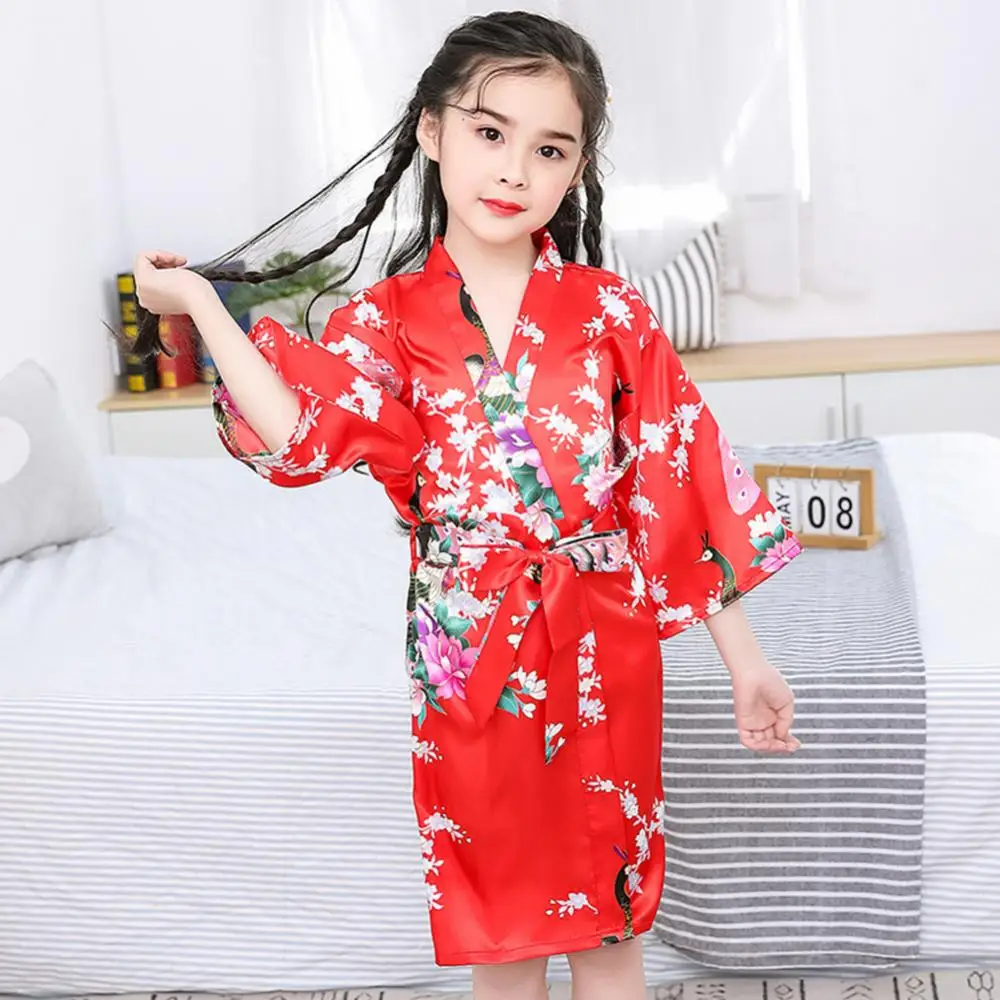 Comfortable Girls Children Long-Sleeve Floral Printing Dressing Gown Bath Robe Sleepwear For Home Daily Wear