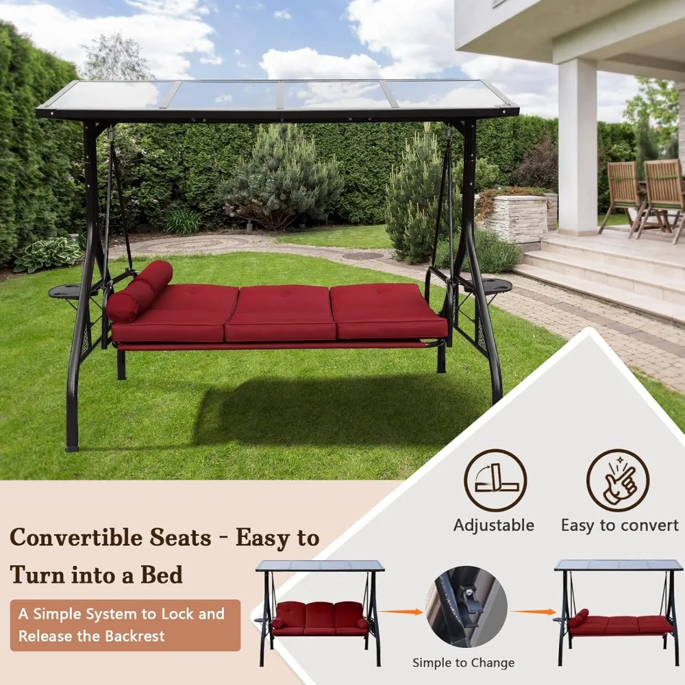 Outdoor Porch Swing with Polycarbonate Hardtop, 3 Seat Patio Swing with Convertible Backrest, 2 Side Cup Holder, Cushion 4