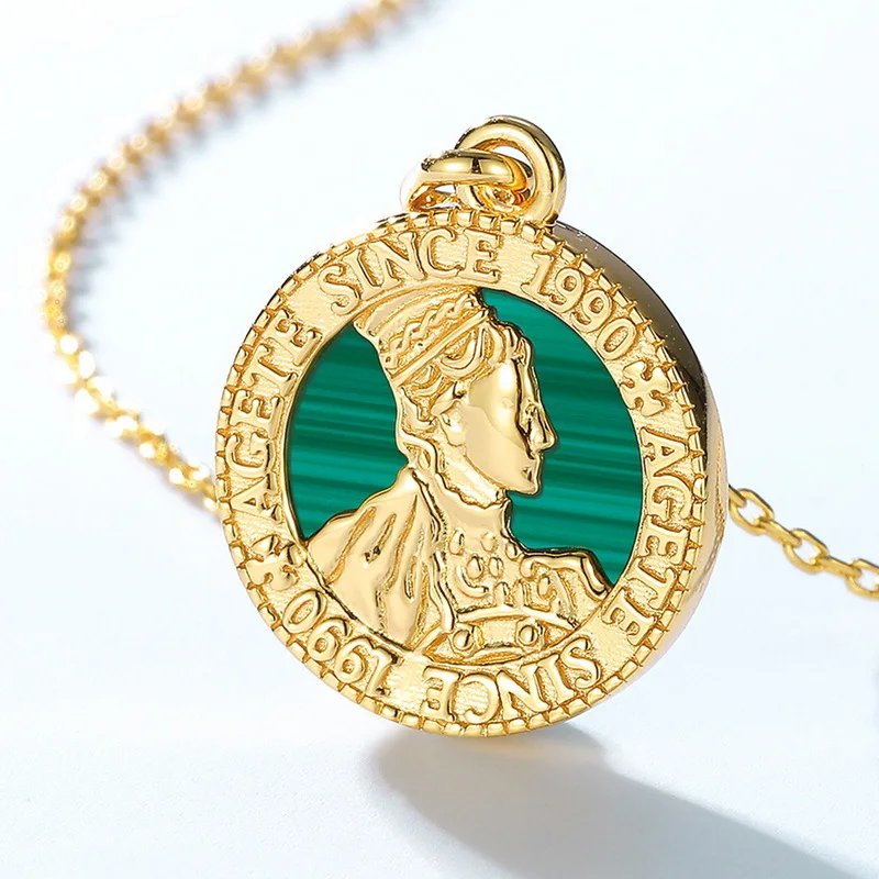 

Natural Gemstone Malachite Necklace S925 Sterling Silver 10k Gold Plated Malachite Crystal European Coin Pendant Necklaces Women