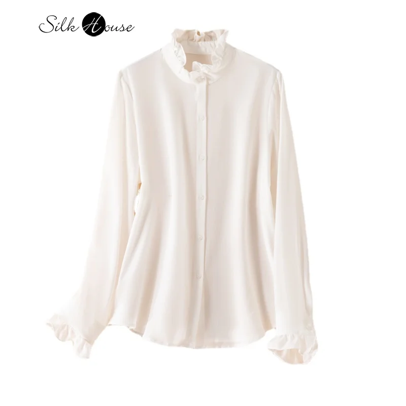 New French Silk Shirt Women's Long Sleeve Design Feeling Small and Popular Wooden Ear Edge Standing Neck Shirt Casual Top janevini 2 layers cathedral long wedding veil voile mariage white lace edge appliqued ivory bridal veils with comb accessories