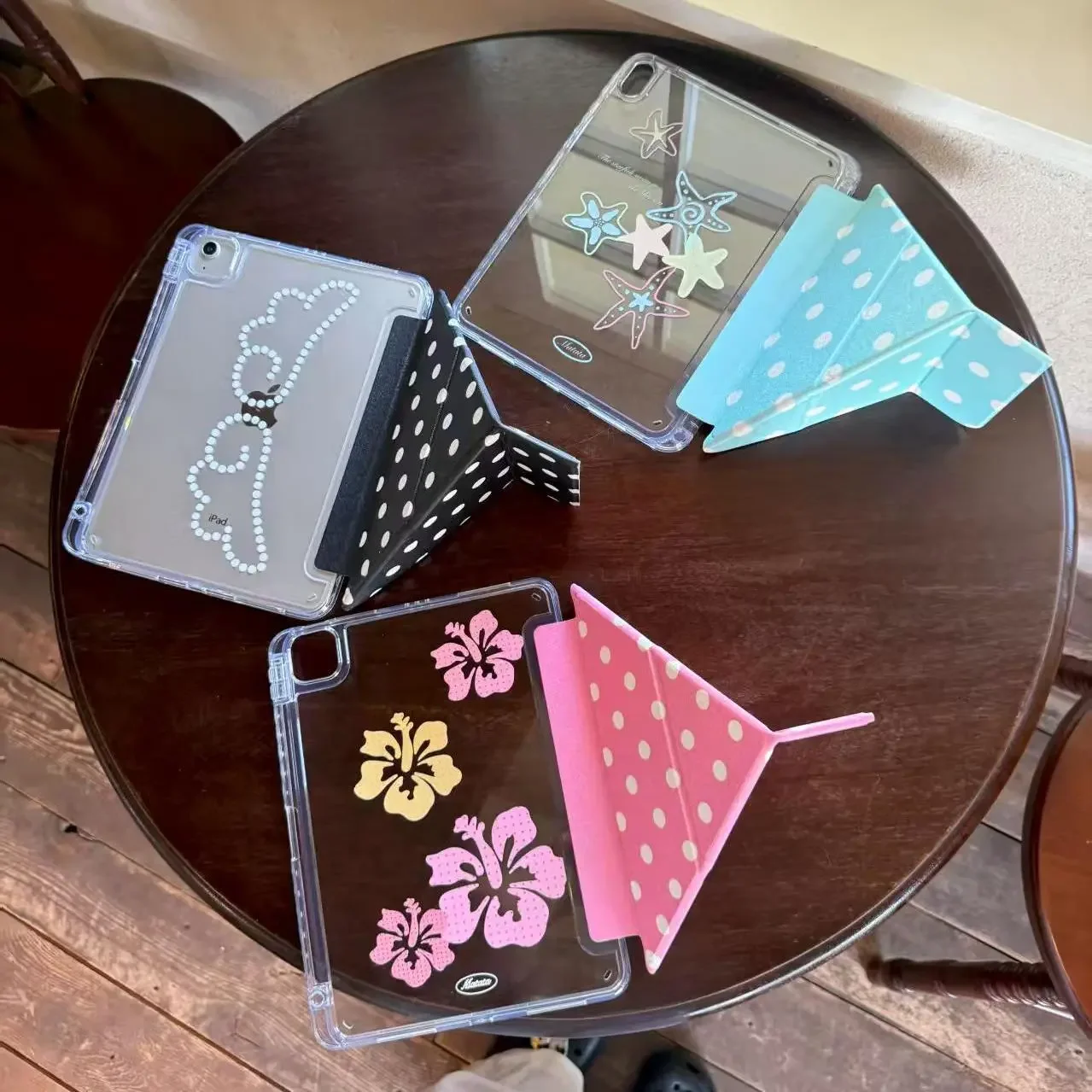 White Polka Dot Wing iPad Case with Pen Holder and Smart Y Folded Edge Design
