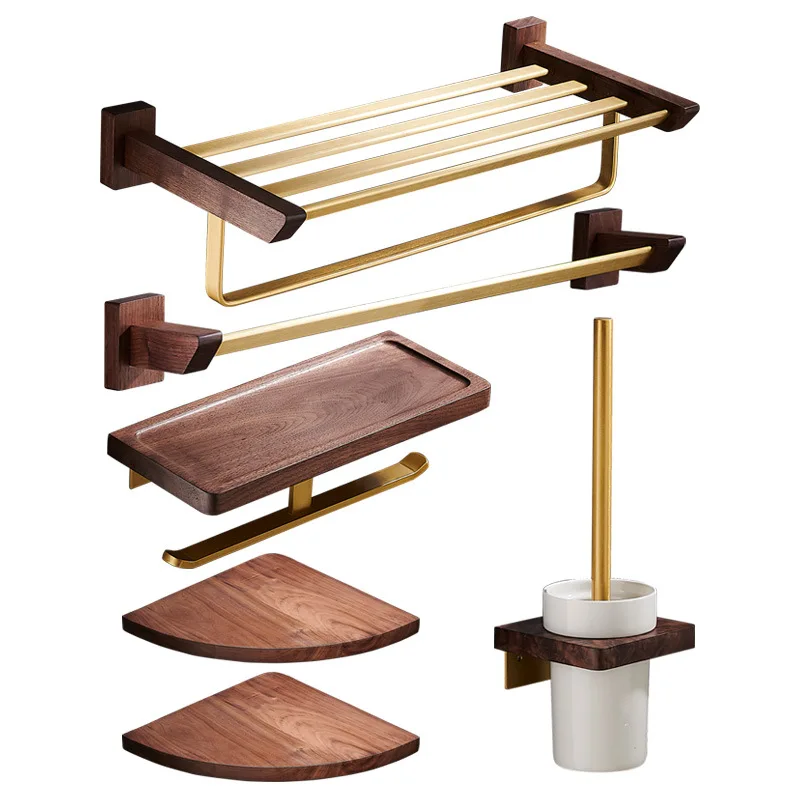Wall Mounted Towel Rack North American Walnut Toilet Paper Holder Brushed Brass Storage Shelves Practical Versatile Shower Shelf